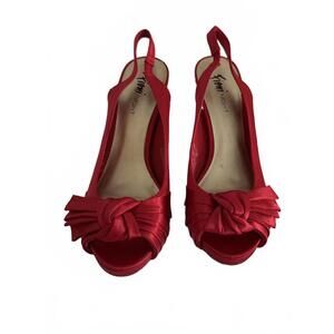Fioni Night Red Satin Peep Toe Slingback Heels w Knot Front Size 8.5